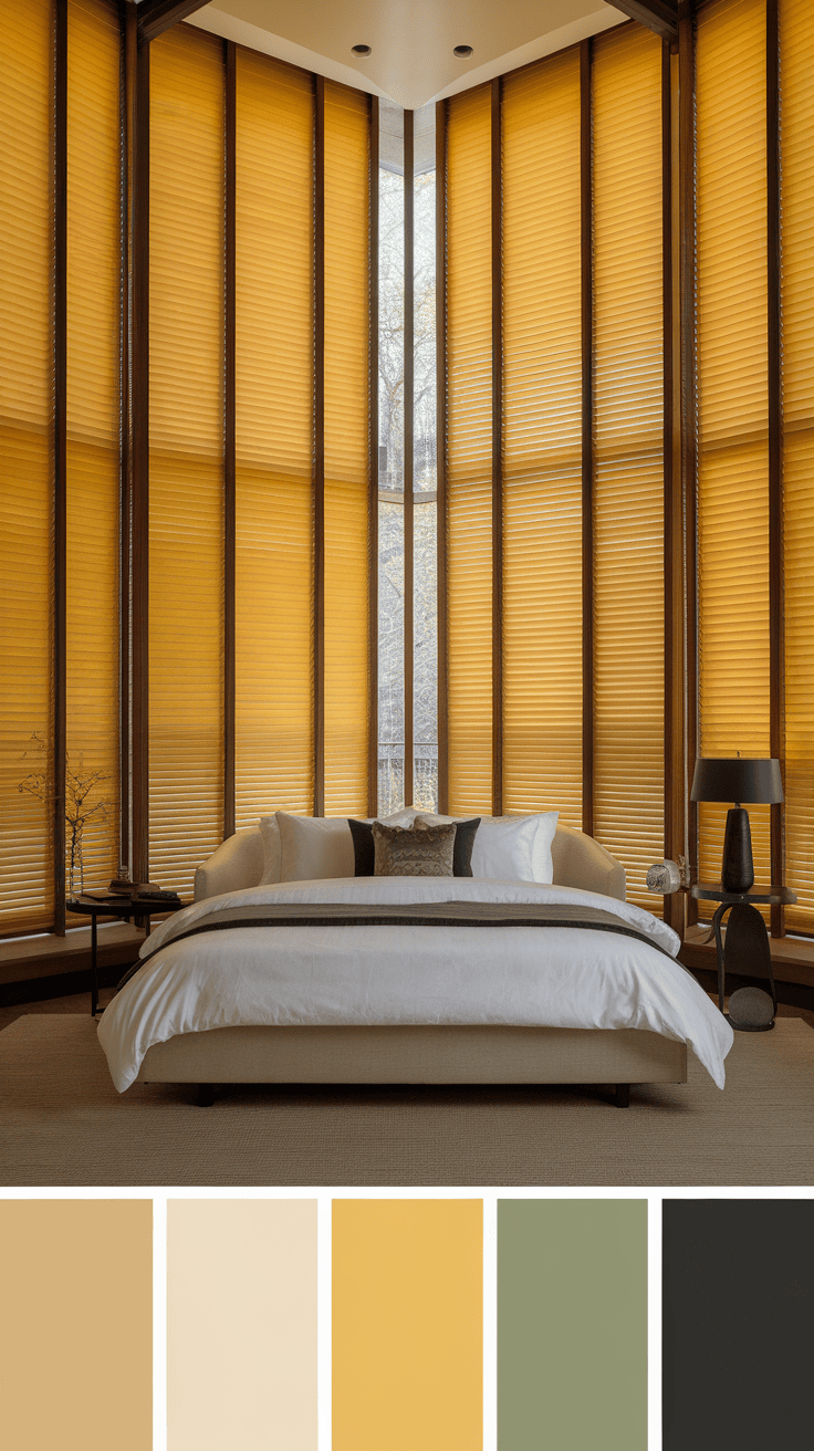 A modern bedroom featuring oversized yellow blinds and a cozy bed