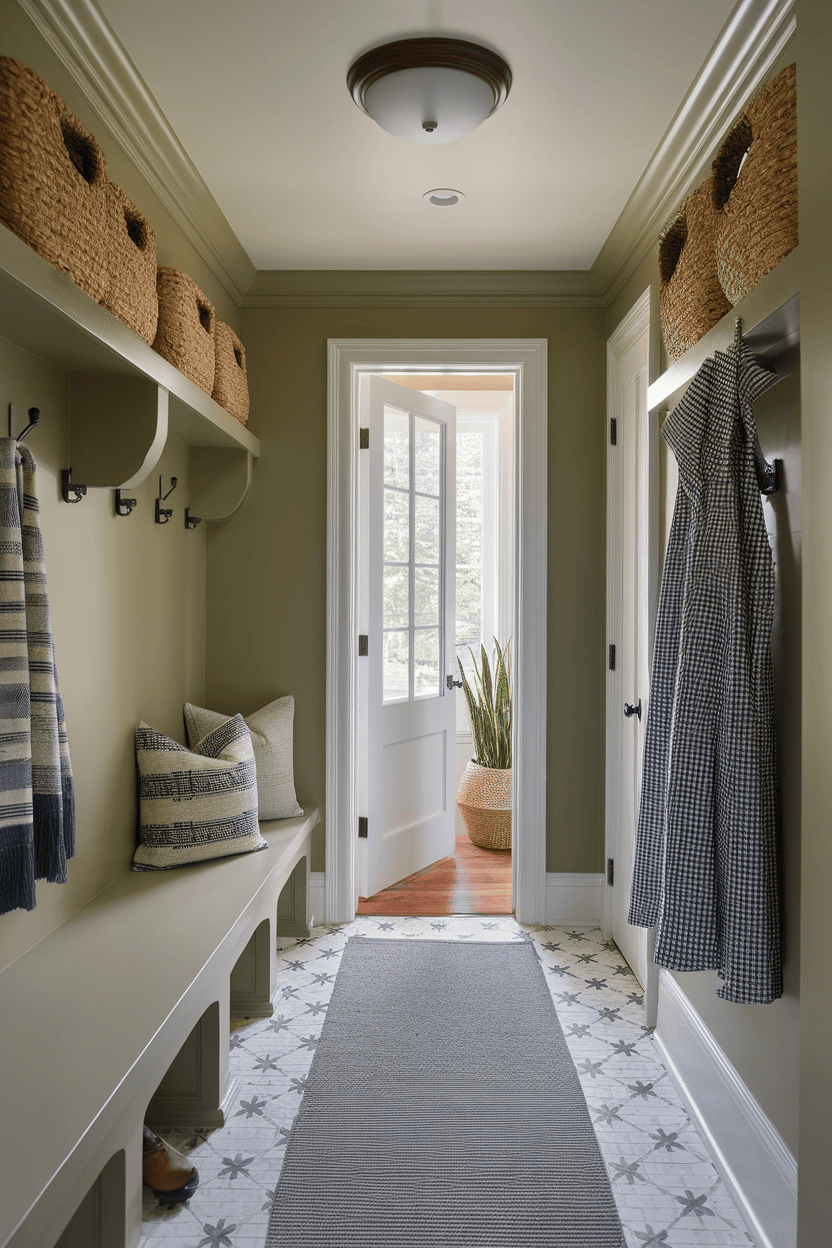 A narrow mudroom with a bench, pillows, baskets, and a doorway leading outside.