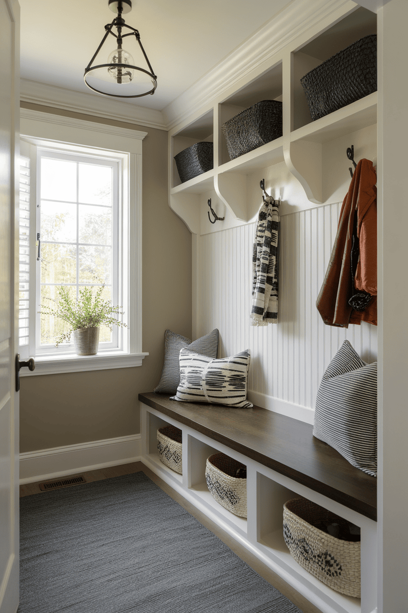 A stylish narrow mudroom featuring a built-in wooden bench, decorative pillows, and storage baskets above.