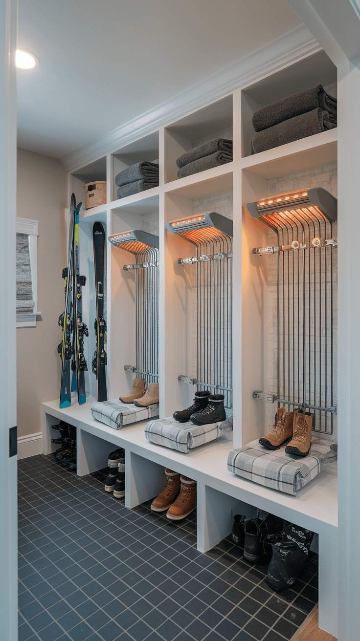 A modern boot drying area featuring heated racks and neatly organized footwear.