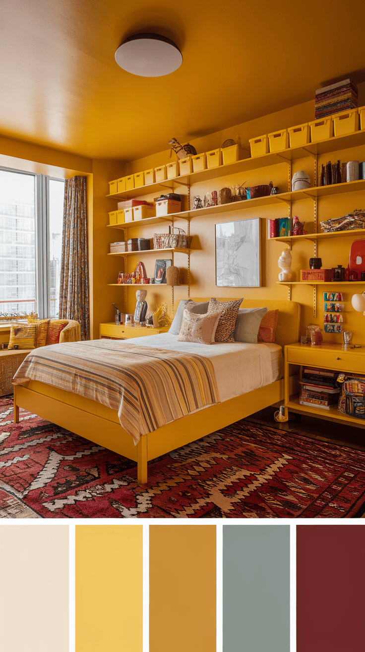 A yellow maximalist apartment bedroom featuring vibrant yellow walls, organized shelves, and colorful storage bins.