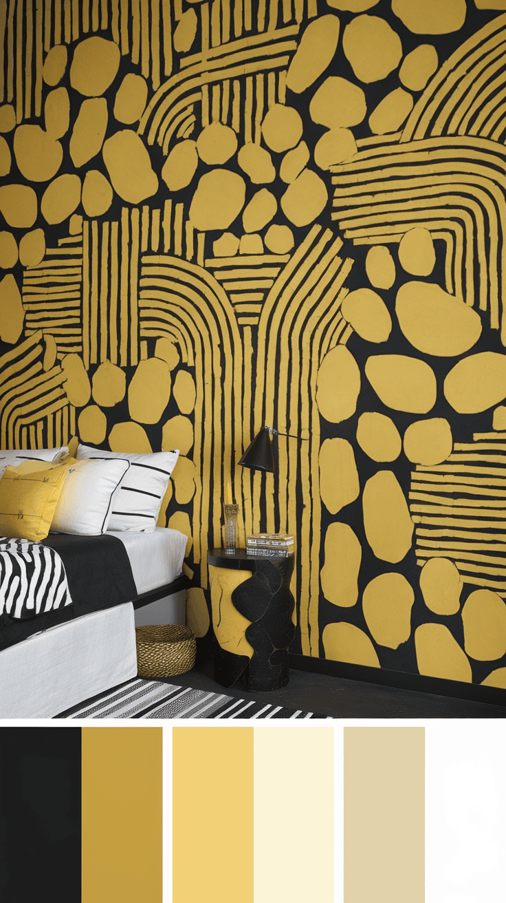 A bedroom featuring a bold yellow and black patterned wallpaper, complemented by striped and solid color bedding.