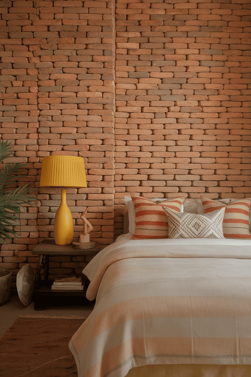 A cozy bedroom featuring a yellow lamp, brick wall, and decorative pillows.