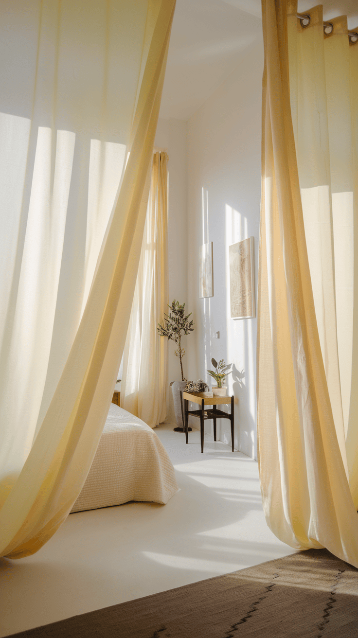 A bright room with soft yellow curtains and neutral bedding.