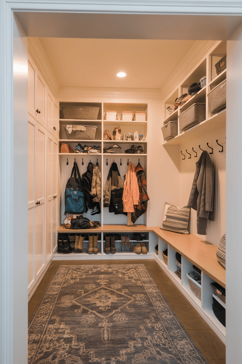 A well-organized mudroom with built-in cabinets and shelves