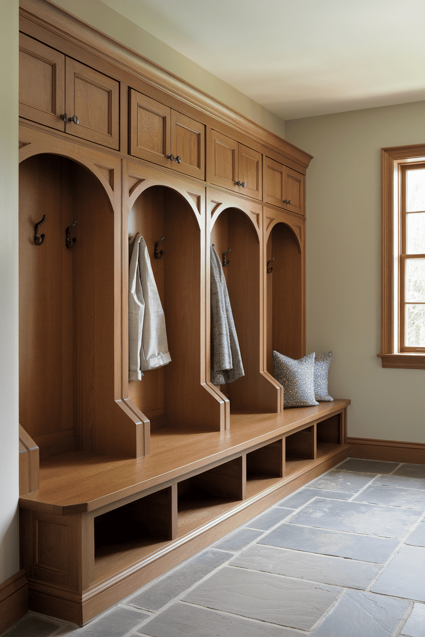 Custom wooden mudroom cabinets with hooks and seating area.