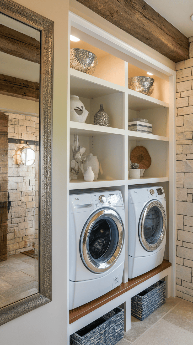 Laundry room with modern shelving and decorative items