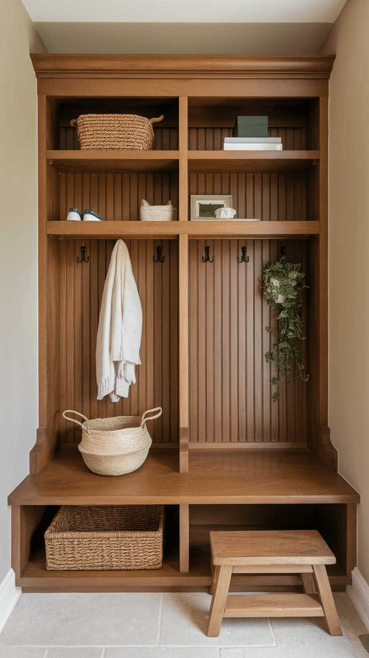 A woman smiling in a spacious and stylish mudroom with customizable storage options.