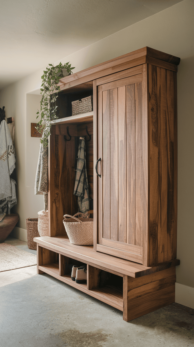 A person cleaning wood cabinets in a mudroom with jackets and baskets organized.