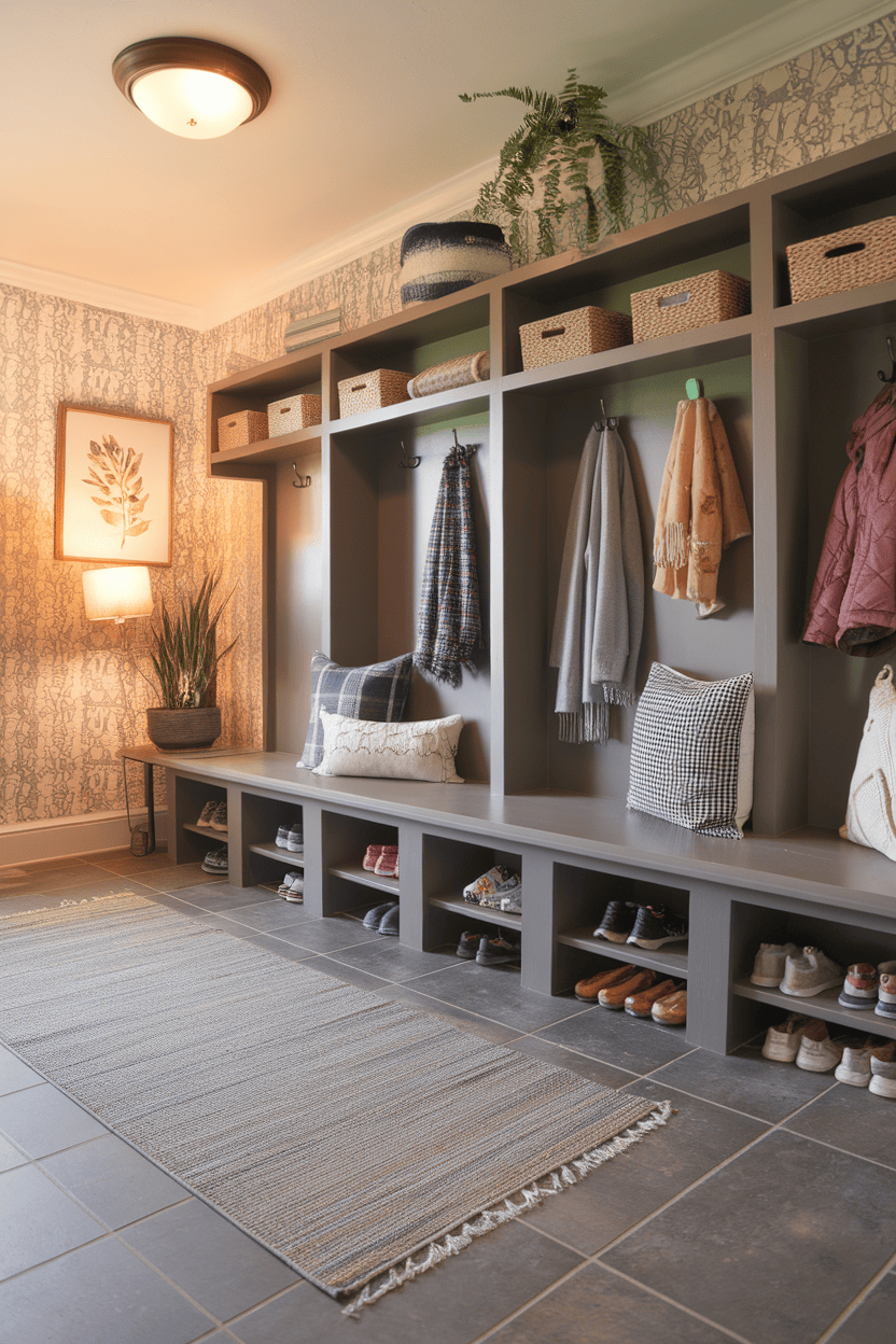 A well-organized mudroom with hooks for coats, a bench for sitting, and storage for shoes.