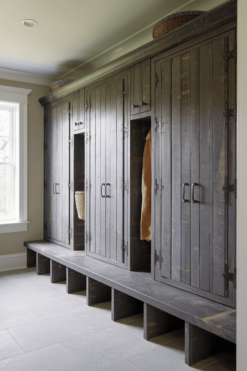 Durable mudroom cabinets with a dark wood finish and multiple compartments.