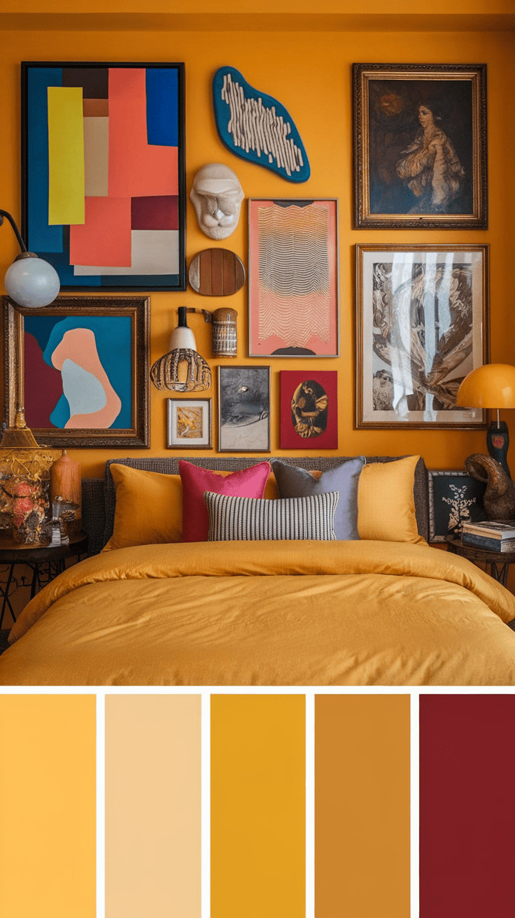 An eclectic bedroom with yellow walls, colorful artwork, and a warm bedspread.