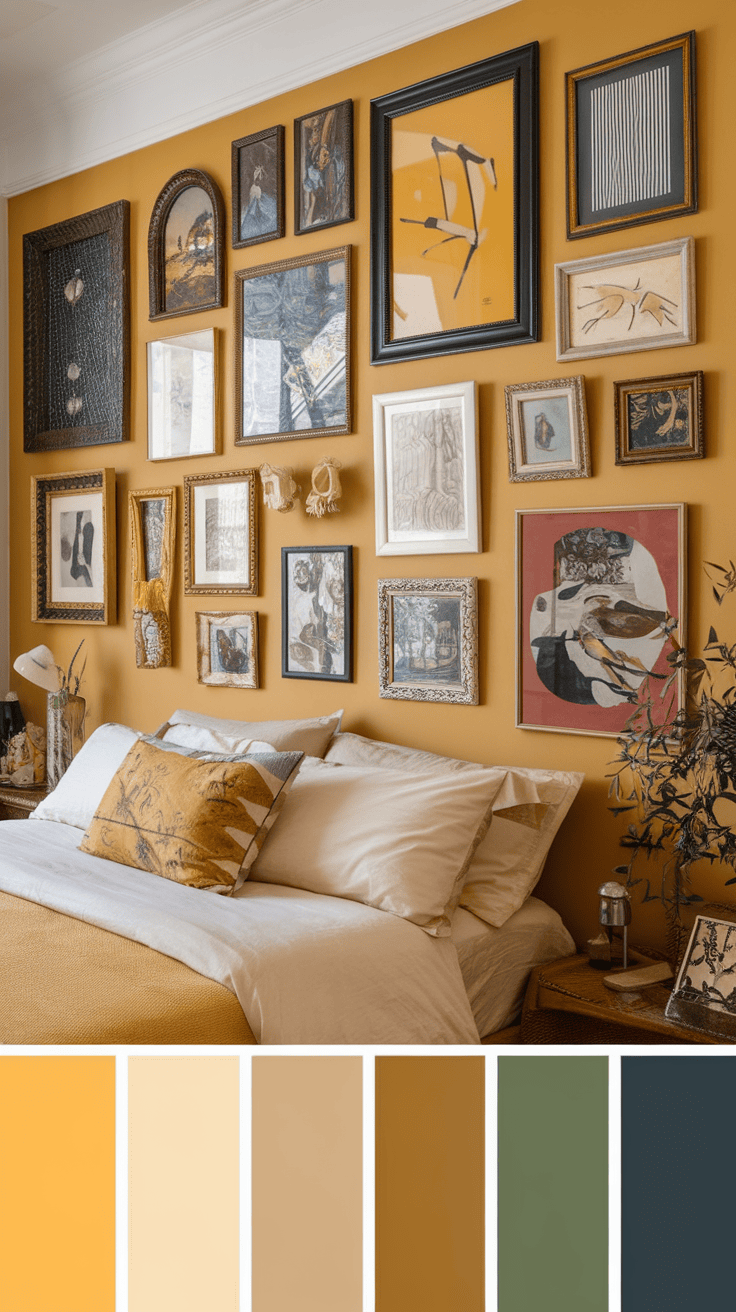 A yellow eclectic bedroom with a gallery wall filled with various art frames and colors.