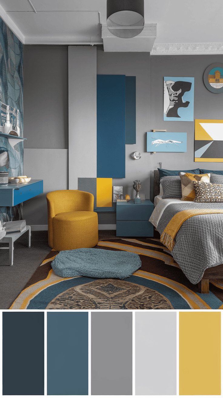 Cozy bedroom featuring gray walls and yellow accents with eclectic decor.