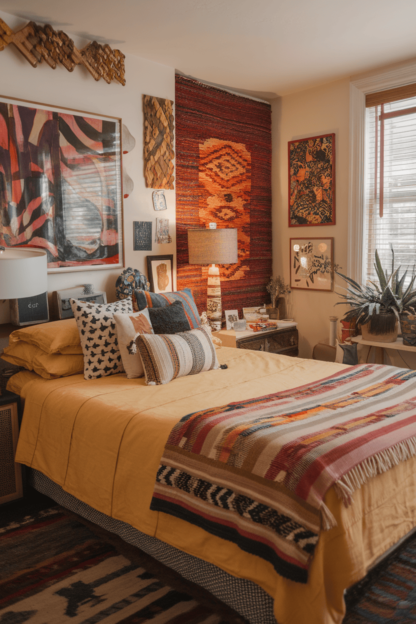 A cozy bedroom featuring a mix of colorful patterns on the bed, walls, and decor.