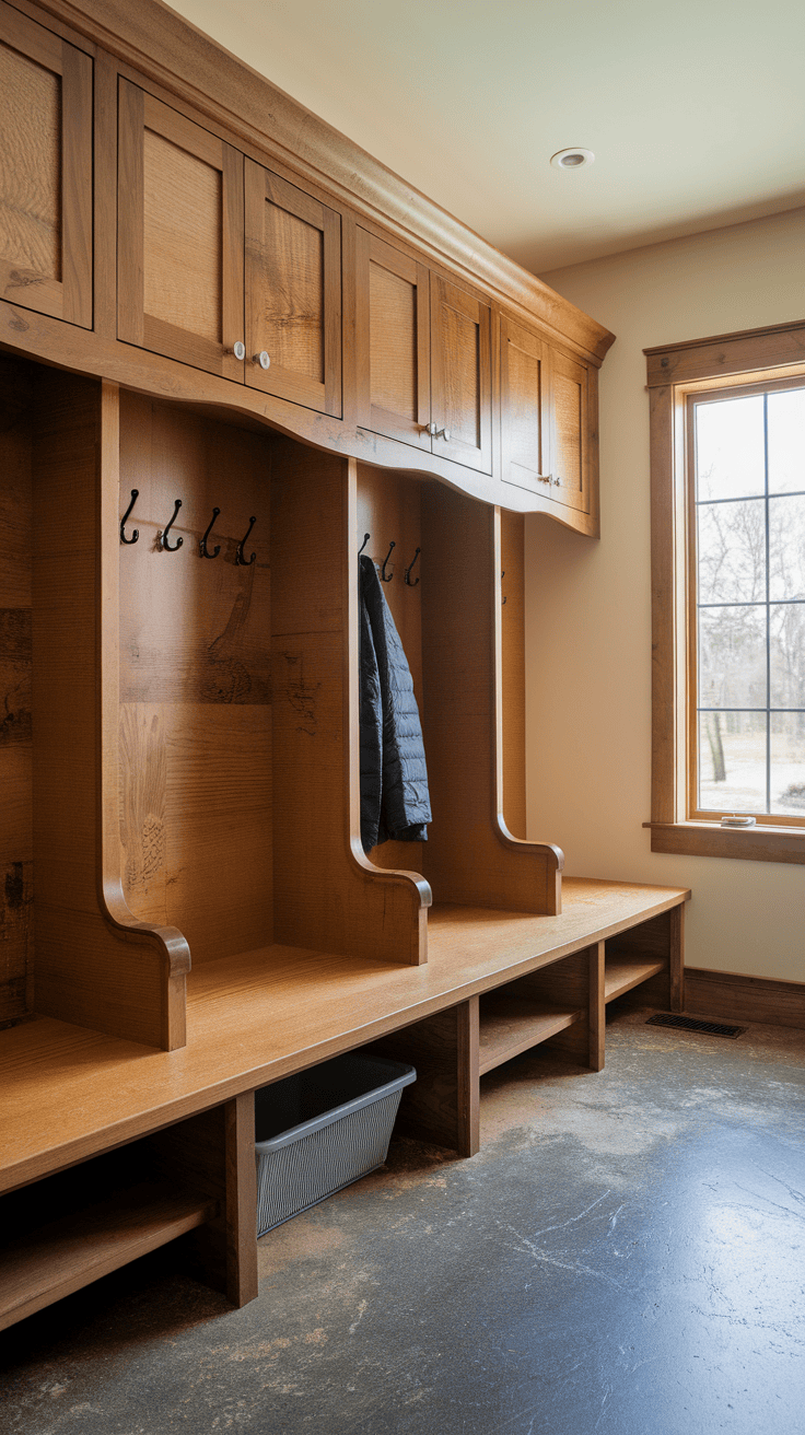 A modern mudroom with wooden benches and hooks.