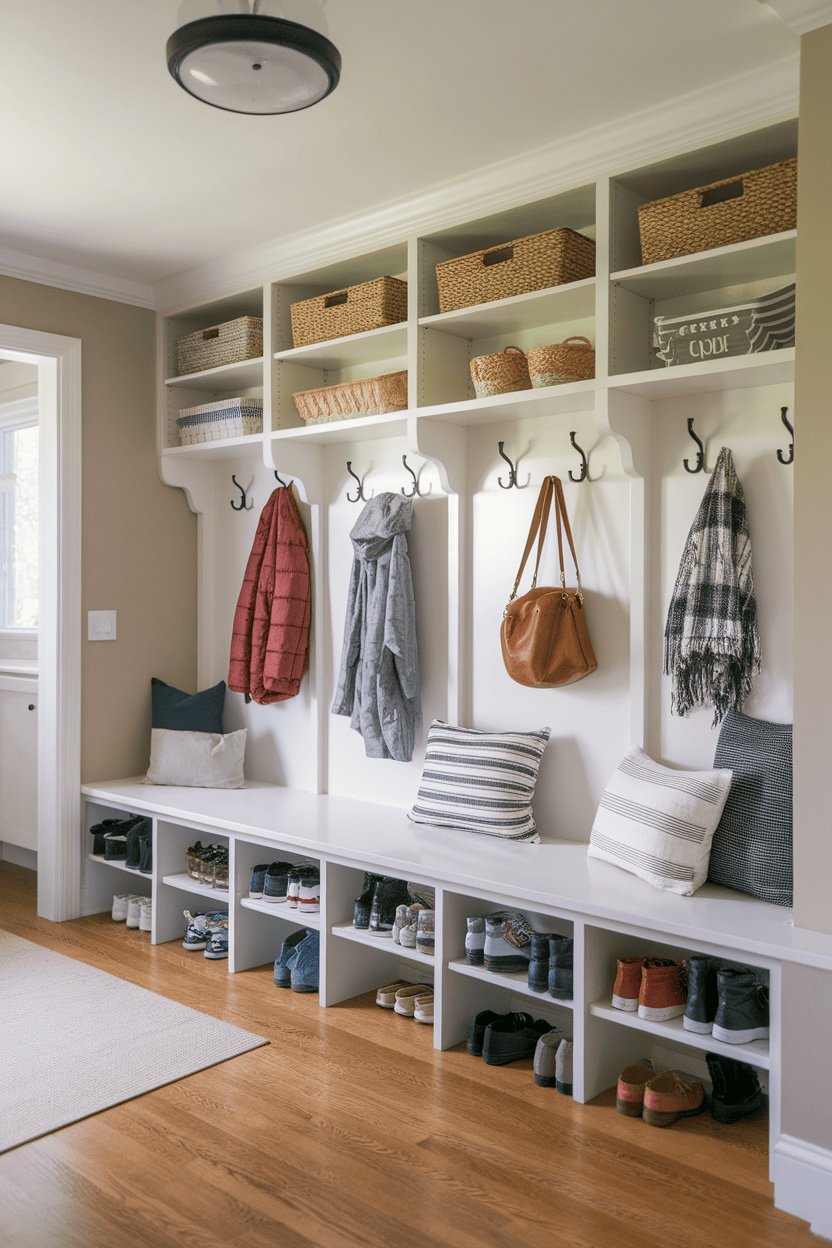 A well-organized mudroom featuring coat hooks, shelves, and a bench with storage for shoes.