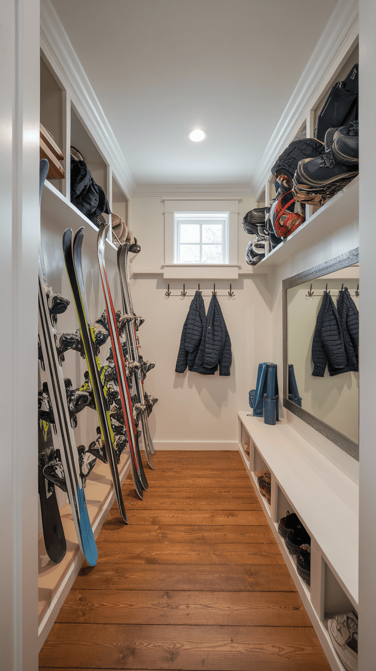 A well-organized ski gear storage area featuring skis, boots, jackets, and a mirror.