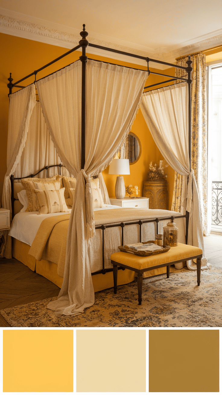 A cozy canopy bed with soft fabrics and warm color tones.