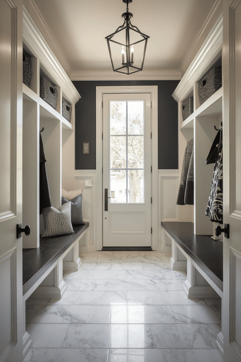 Small mudroom entryway featuring marble tile flooring and stylish storage solutions.