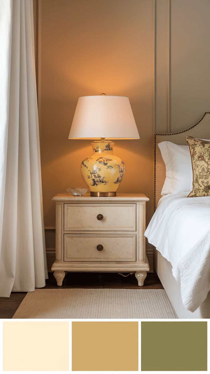 A stylish yellow chinoiserie lamp on a nightstand next to a bed in a warm bedroom setting.