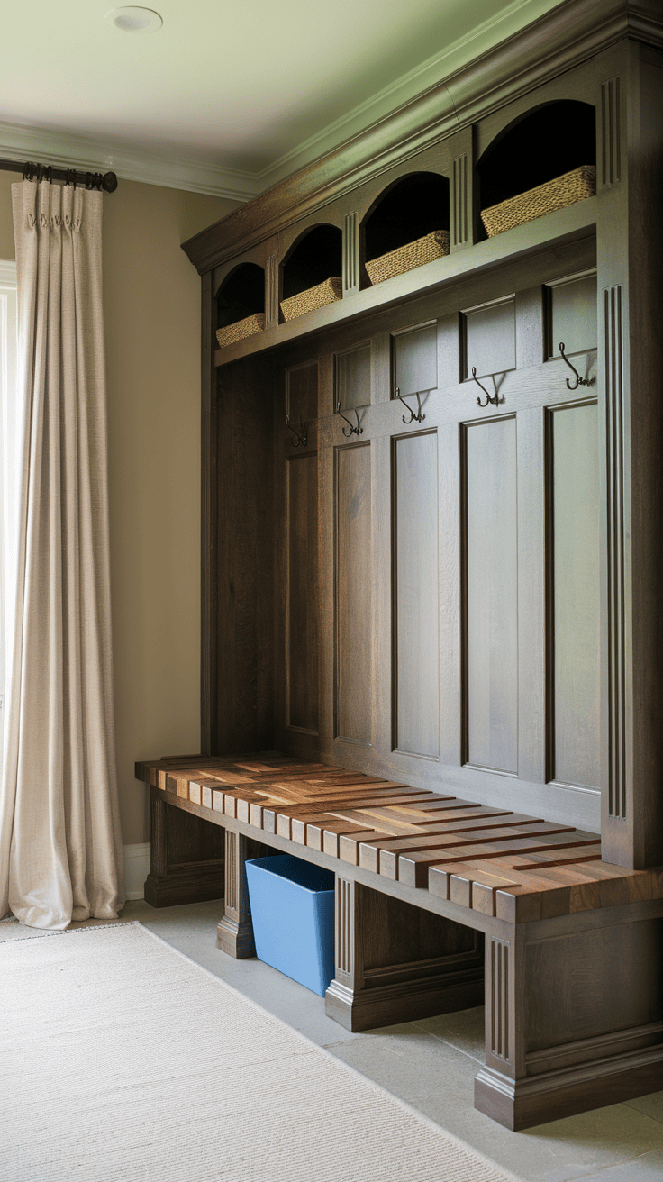 Custom butcher block mudroom bench with storage and hooks in a stylish entryway.