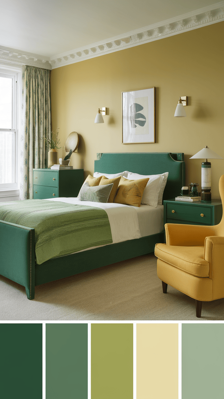 A bedroom featuring emerald green furniture and yellow accents, with a cozy bed, pillows, and a bright chair.