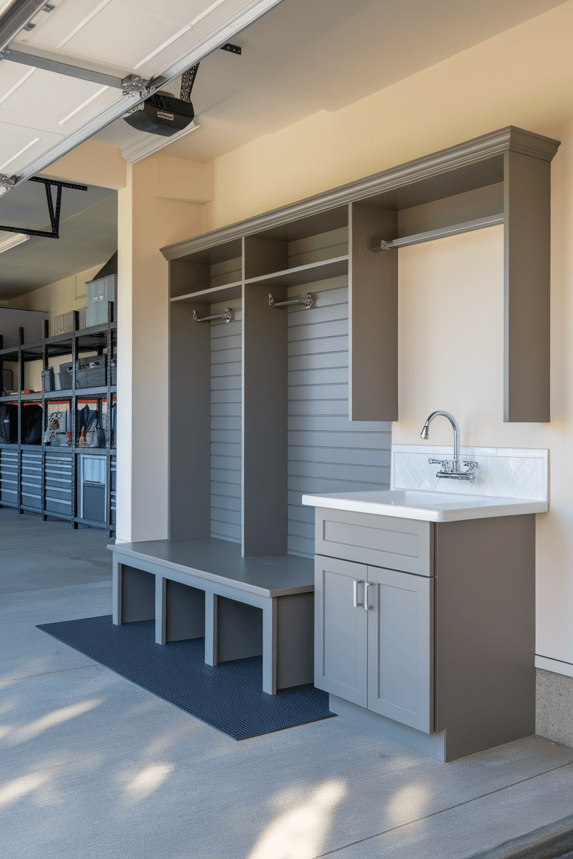 A practical garage mudroom featuring a bench, hooks, and a sink.