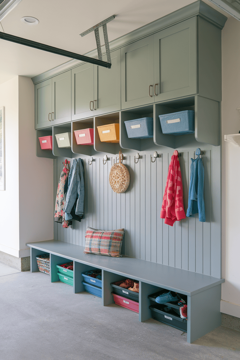 A well-organized garage mudroom with hooks for clothes, colorful storage bins, and a bench.