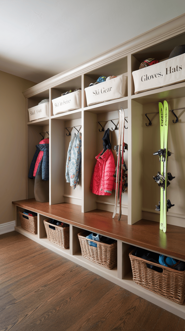 Organized ski storage area with baskets for gear and jackets hanging on hooks