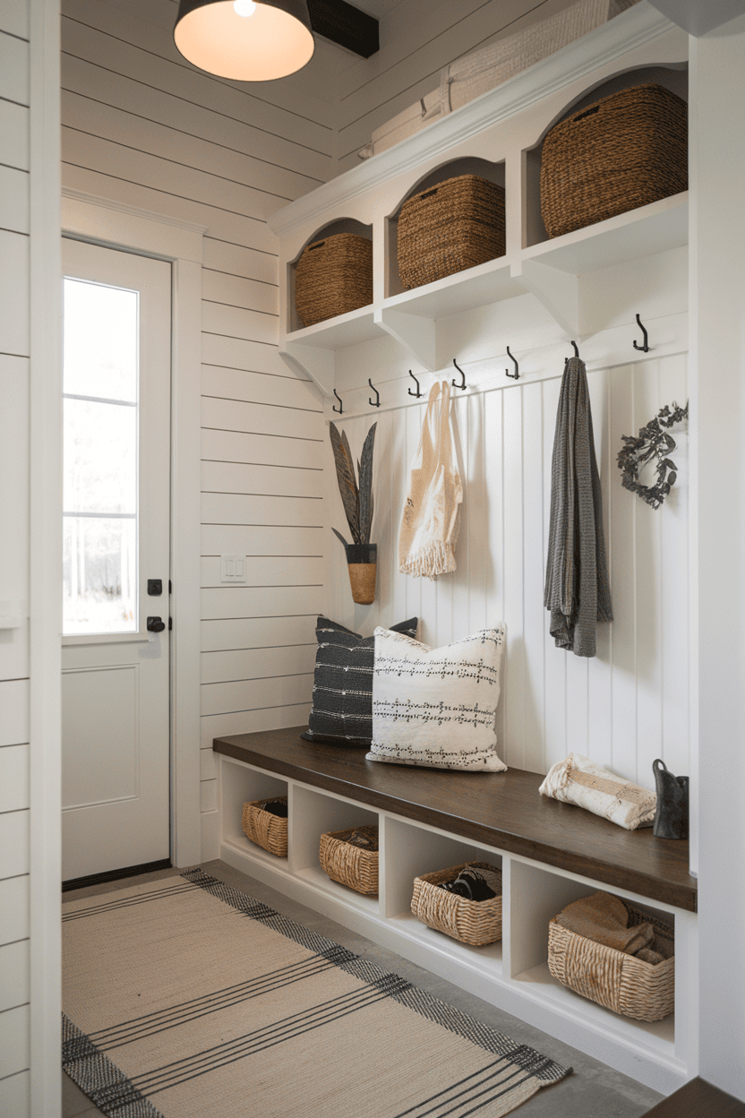 A small mudroom entryway featuring shiplap walls, a wooden bench with storage baskets, and hooks for coats.