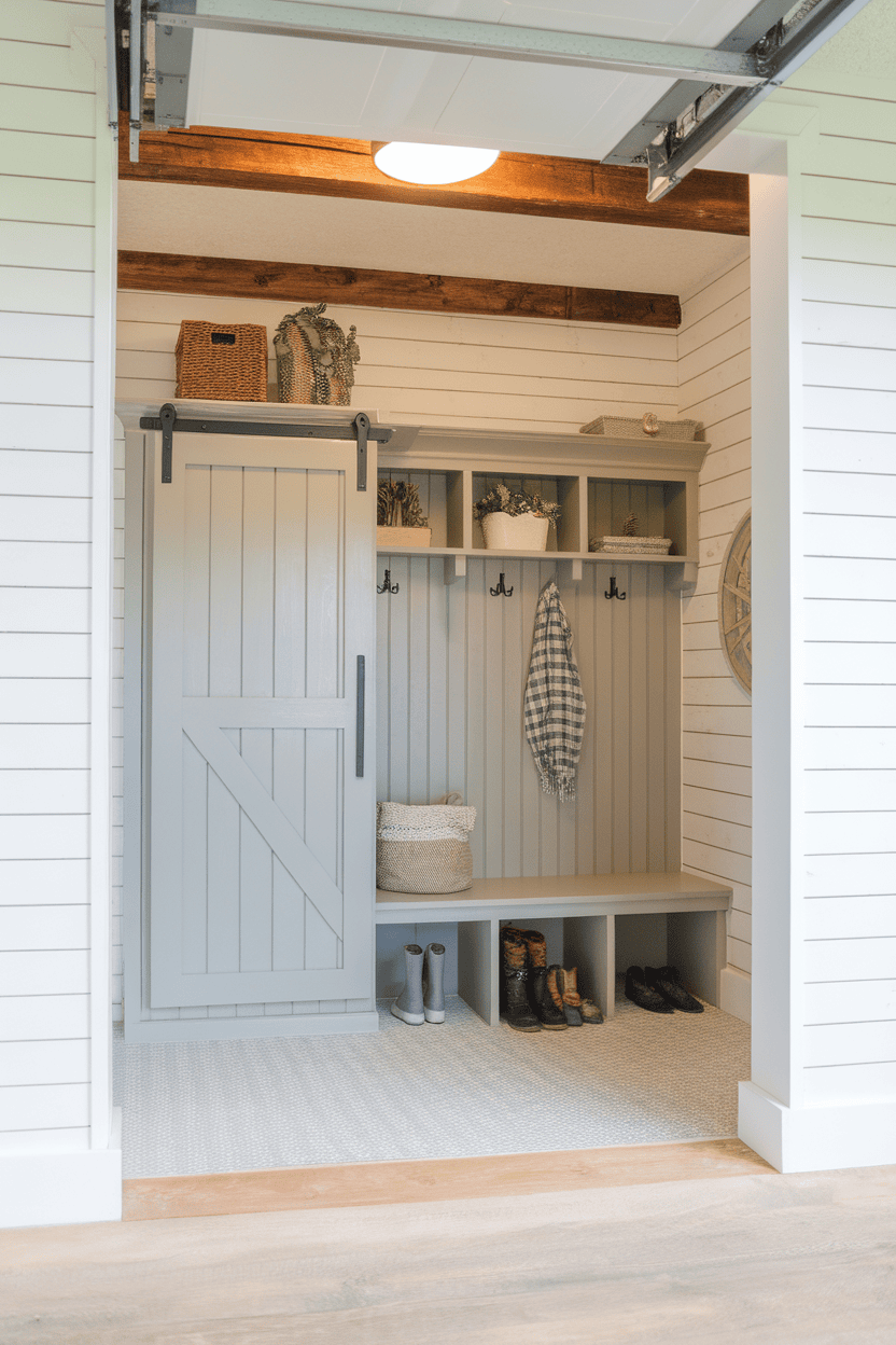 A stylish garage mudroom featuring a sliding door, shelves, hooks, and a cozy bench.