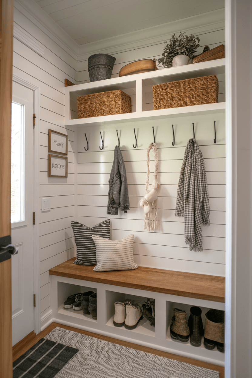 A narrow mudroom with white shiplap walls, wooden bench, hooks for coats, and baskets for storage.