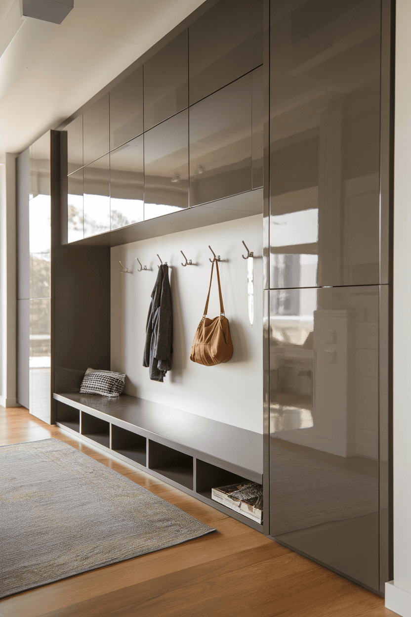 Modern floating mudroom cabinets with hooks and a bench