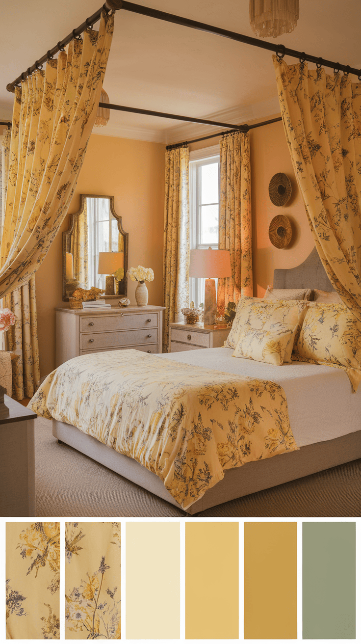 A yellow maximalist apartment bedroom with floral decor and soft lighting.