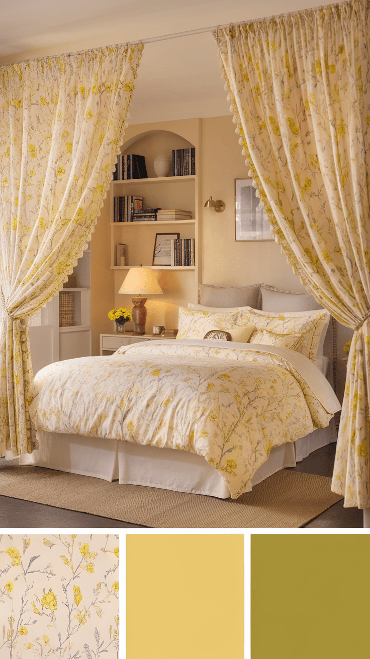 A cozy bedroom featuring yellow floral patterns on bedding and curtains, creating a cheerful atmosphere.