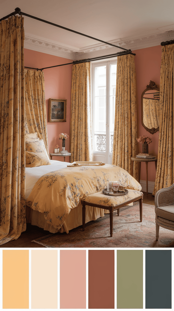 A beautifully styled bedroom featuring floral yellow curtains and bed linens, complemented by soft pink walls.