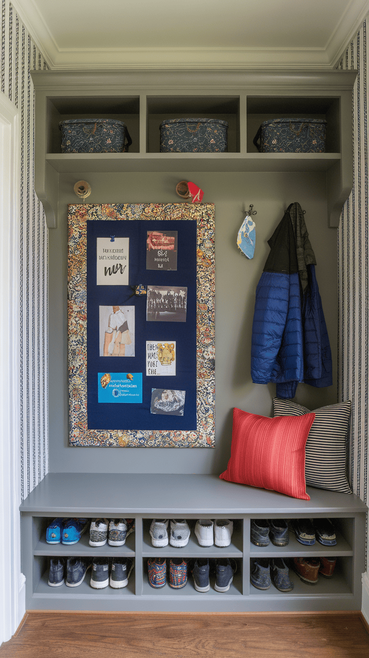 Framed fabric bulletin board decorated with pictures and notes in a mudroom setting