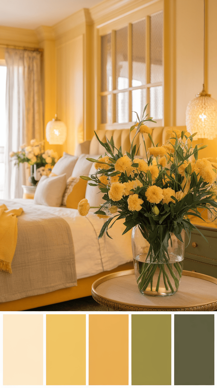 A bright and welcoming bedroom featuring yellow flower arrangements, bringing warmth and joy to the space.