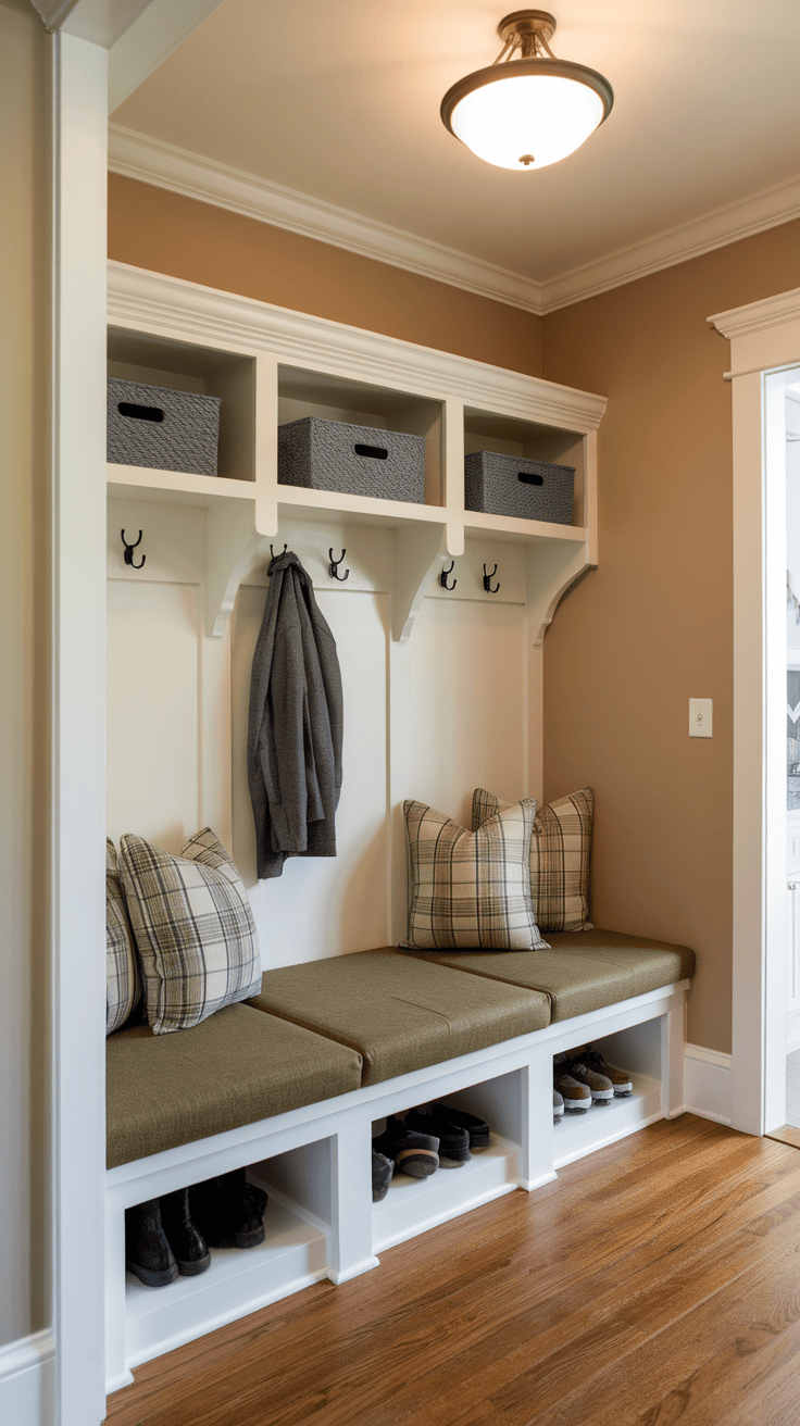 Cozy entryway bench seating with storage and cushions