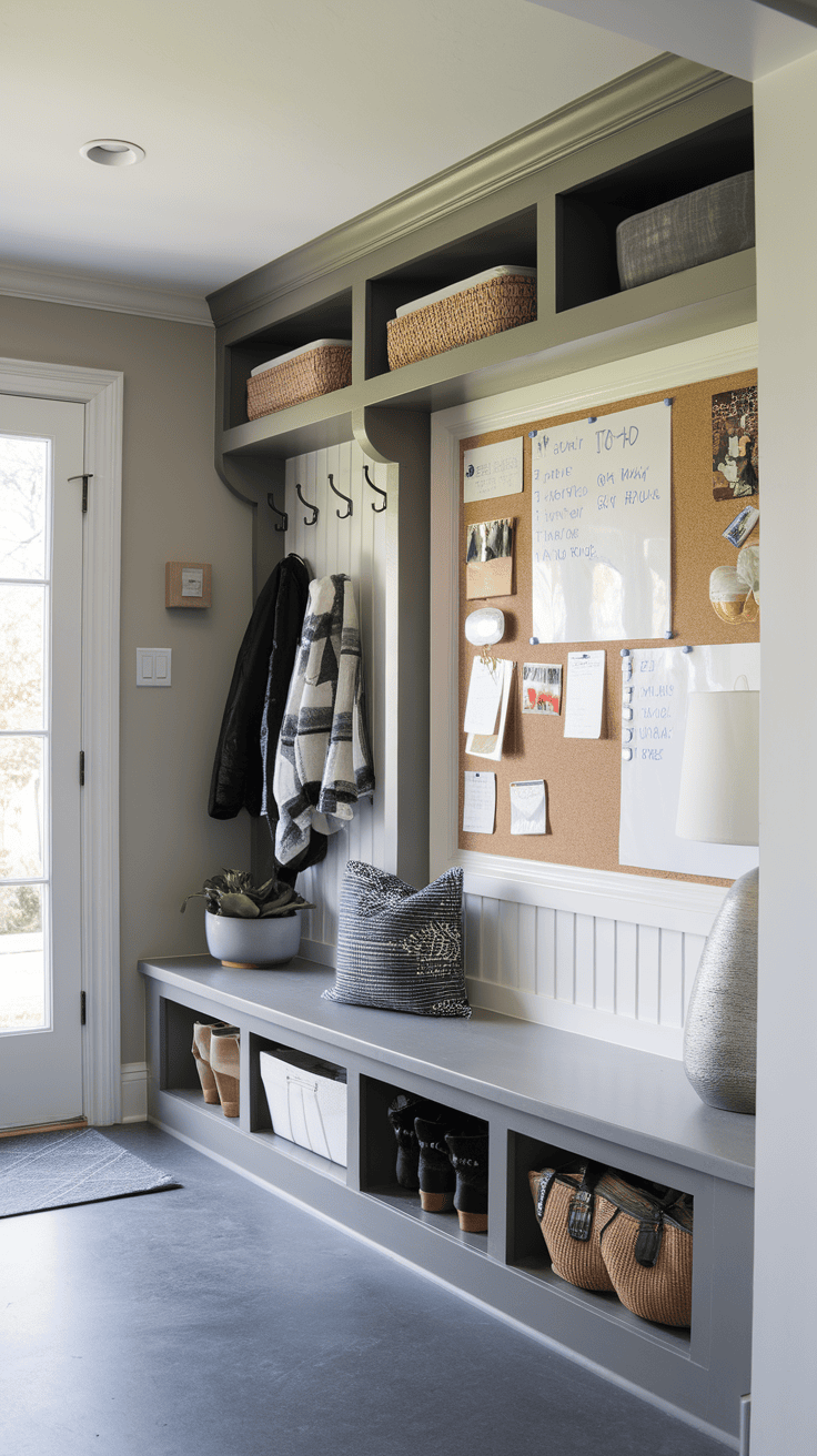 Mudroom with a bulletin board, storage baskets, and shoe cubbies