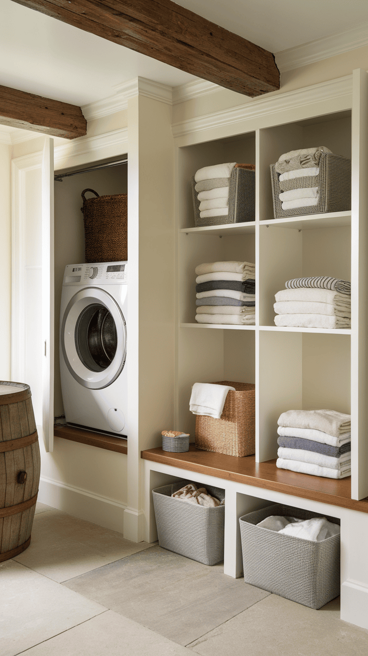 A neatly organized laundry room with a washing machine, shelves of folded towels, and storage baskets.