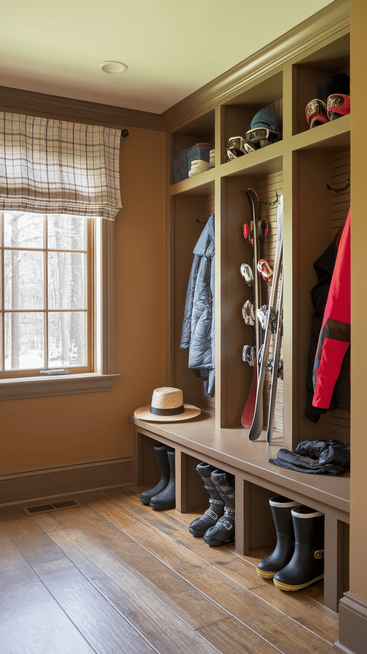 A stylish ski storage area with shelves for skis, jackets, and boots, designed for ski enthusiasts.