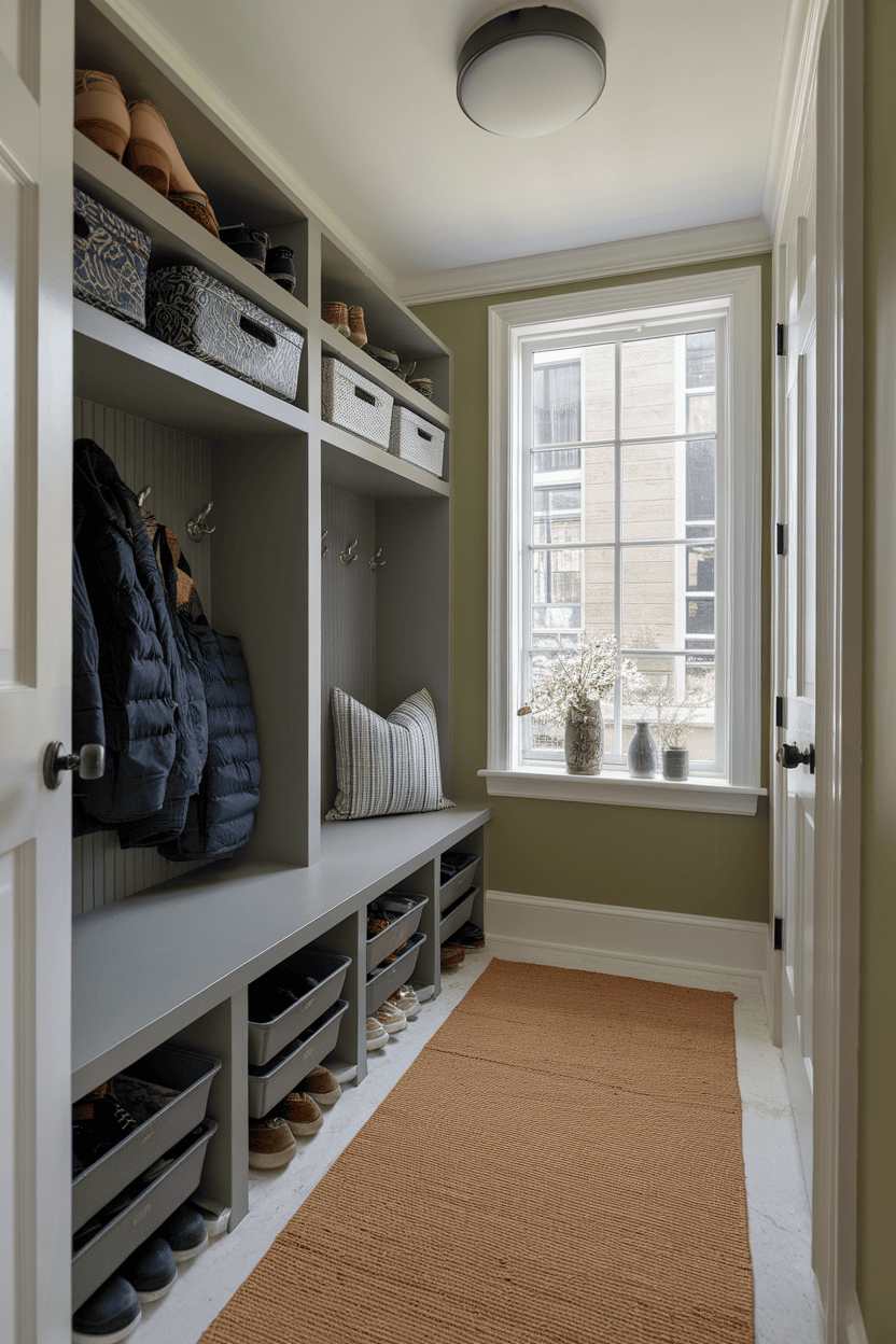 A narrow mudroom with shoe storage, hooks for coats, and a window.