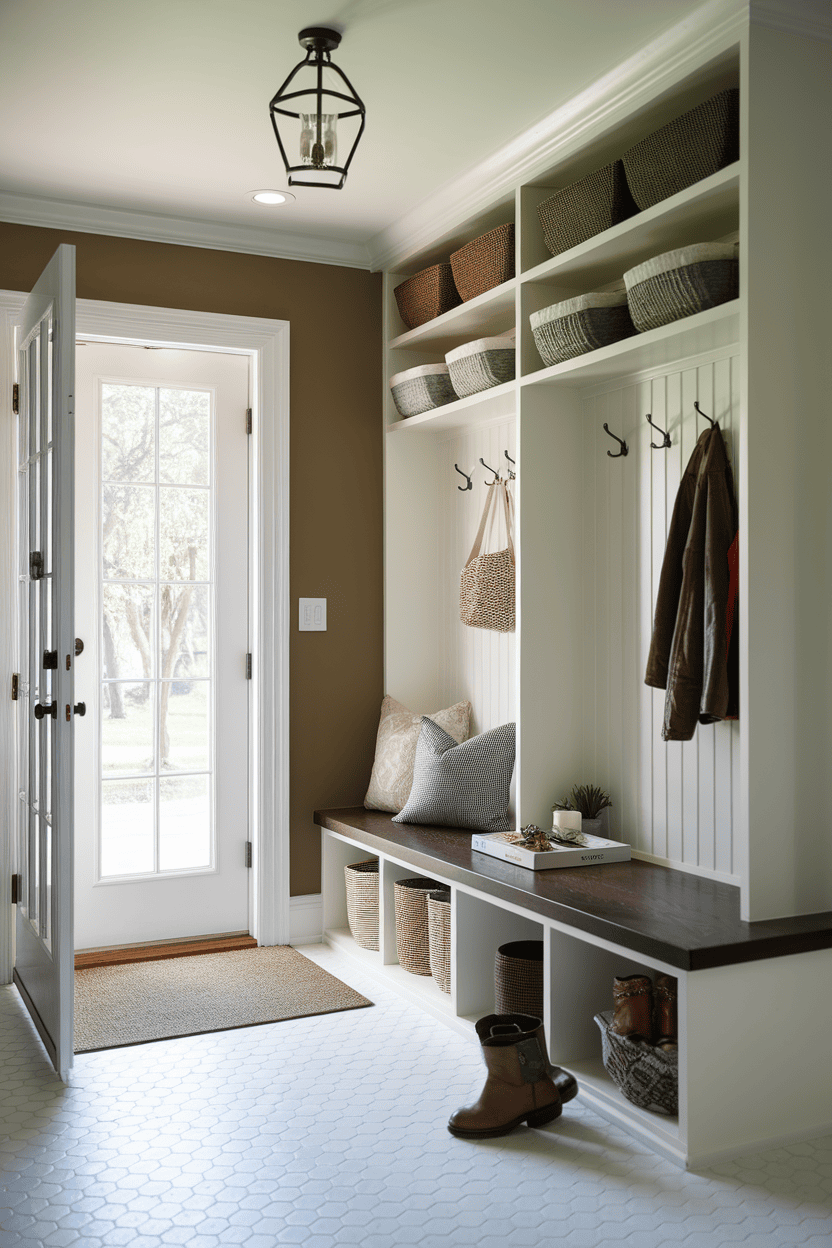 A small mudroom entryway featuring a bench, hooks, and storage baskets.