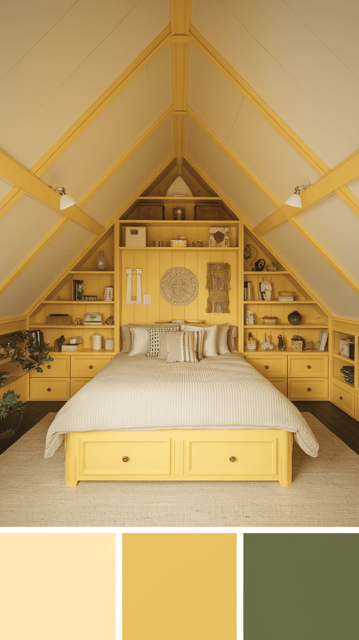 A cozy yellow attic bedroom featuring built-in storage and decorative elements.