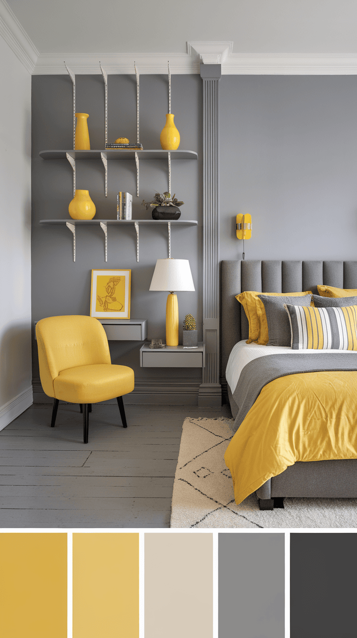 A stylish bedroom with functional yellow-themed storage solutions