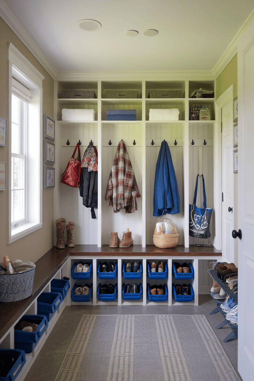 A well-organized entryway with shelves, storage bins, and hooks for coats and bags.