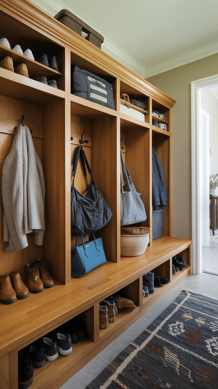 An organized entryway storage solution with shoe racks, hooks for bags and coats, and a warm wooden design.