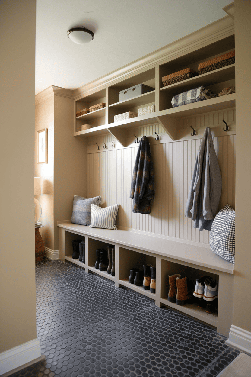 A well-organized mudroom with hooks for coats, shelves for baskets, and a bench for shoes.